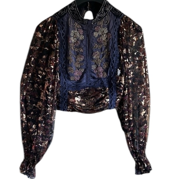 Free People Camille Top Black Embellished Blouse Black Purple Gold Sparkle XS - Picture 4 of 14
